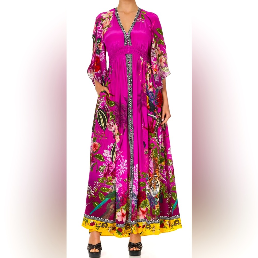 Camilla Jungle Language Silk Smocked Maxi Dress - NWT